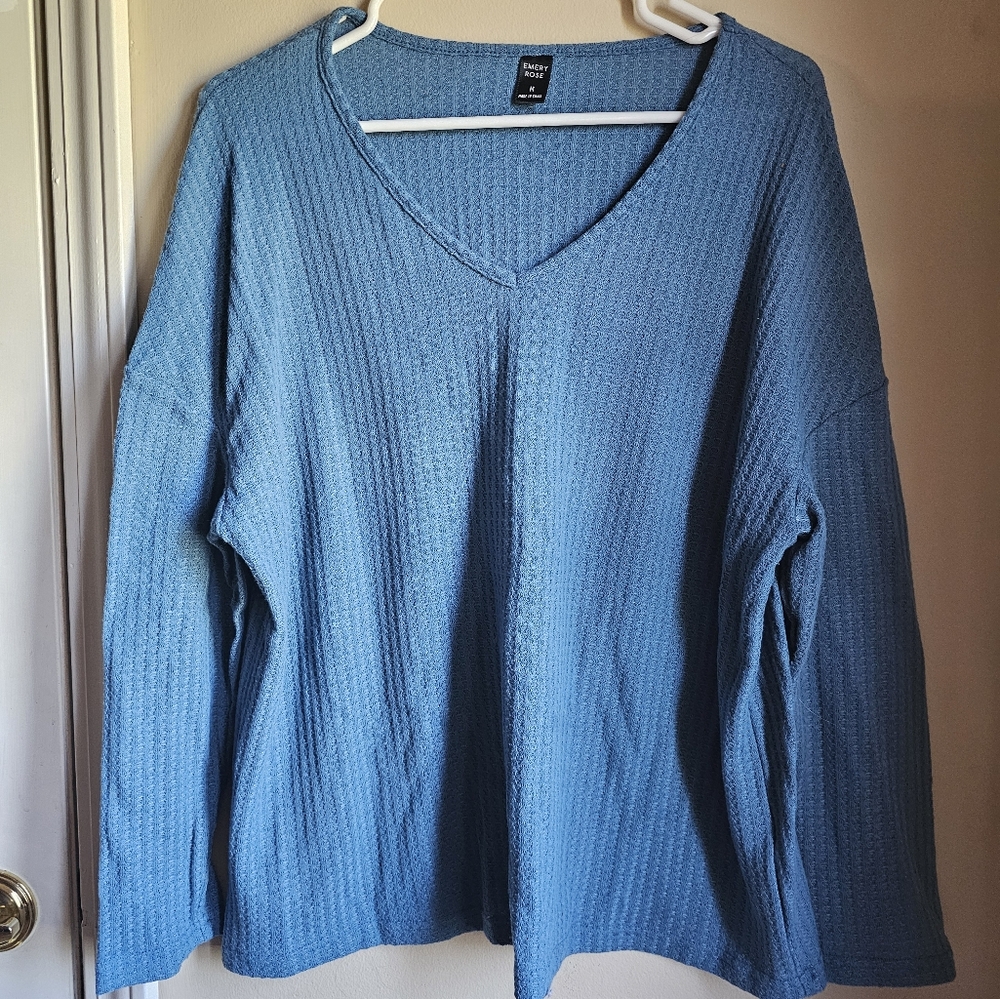 Blue V-Neck Long Sleeve Top